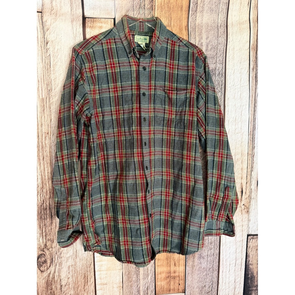 L.L.Bean Flannel Shirt Tartan Plaid Gray Red Heritage Outdoors Fall Medium Tall